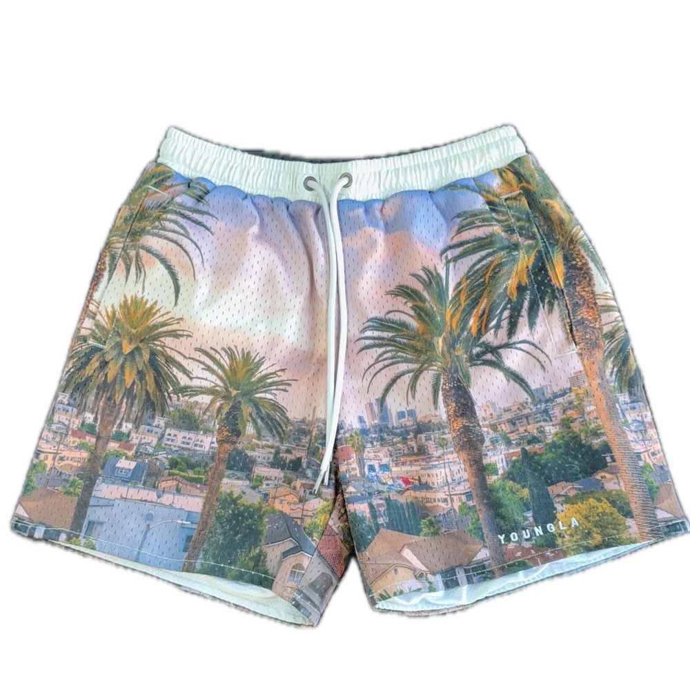 YoungLA Los Angeles Mesh Gym Shorts Mens Medium Palm Tree Cityscape Graphic